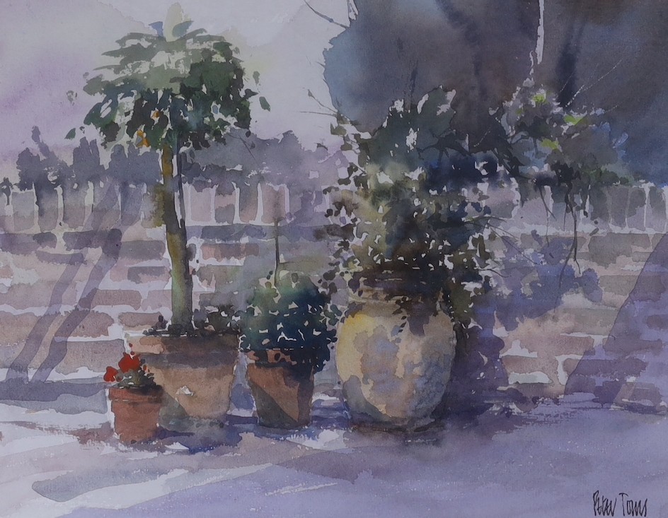 Peter Toms (b.1940), three watercolours, 'Patio Pots', 'Home with the catch' and 'In the Approaches', all signed and labelled, largest 21 x 27cm